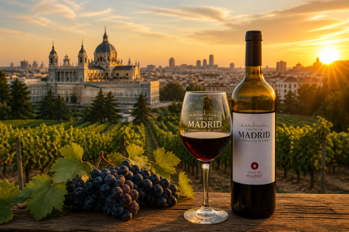 Vino, uvas, atardecer en Madrid